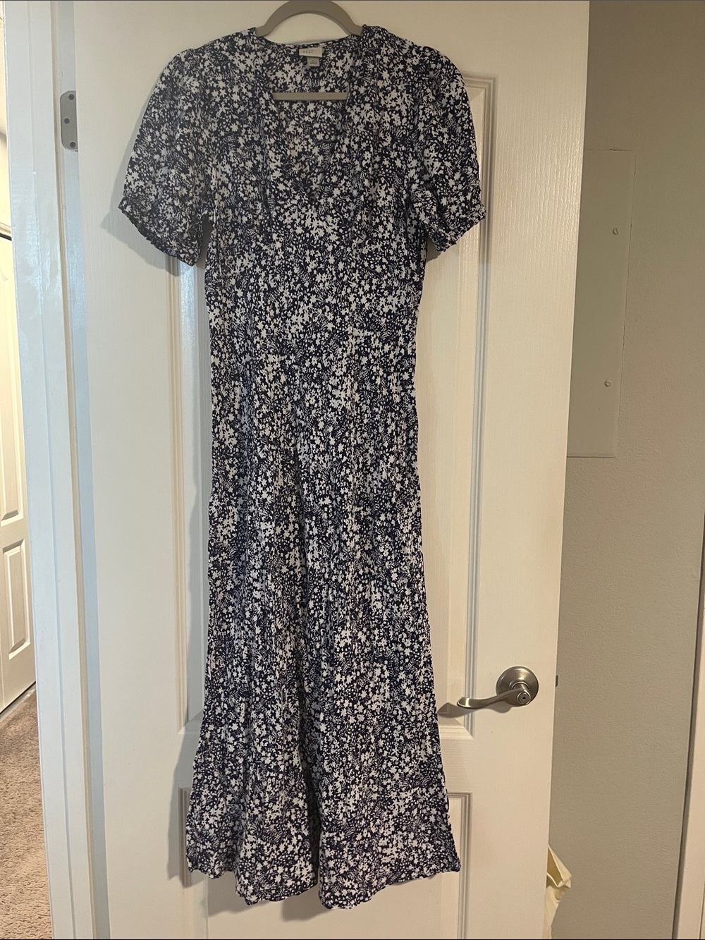 Women's Navy Floral Midi Dress with Puff Sleeves